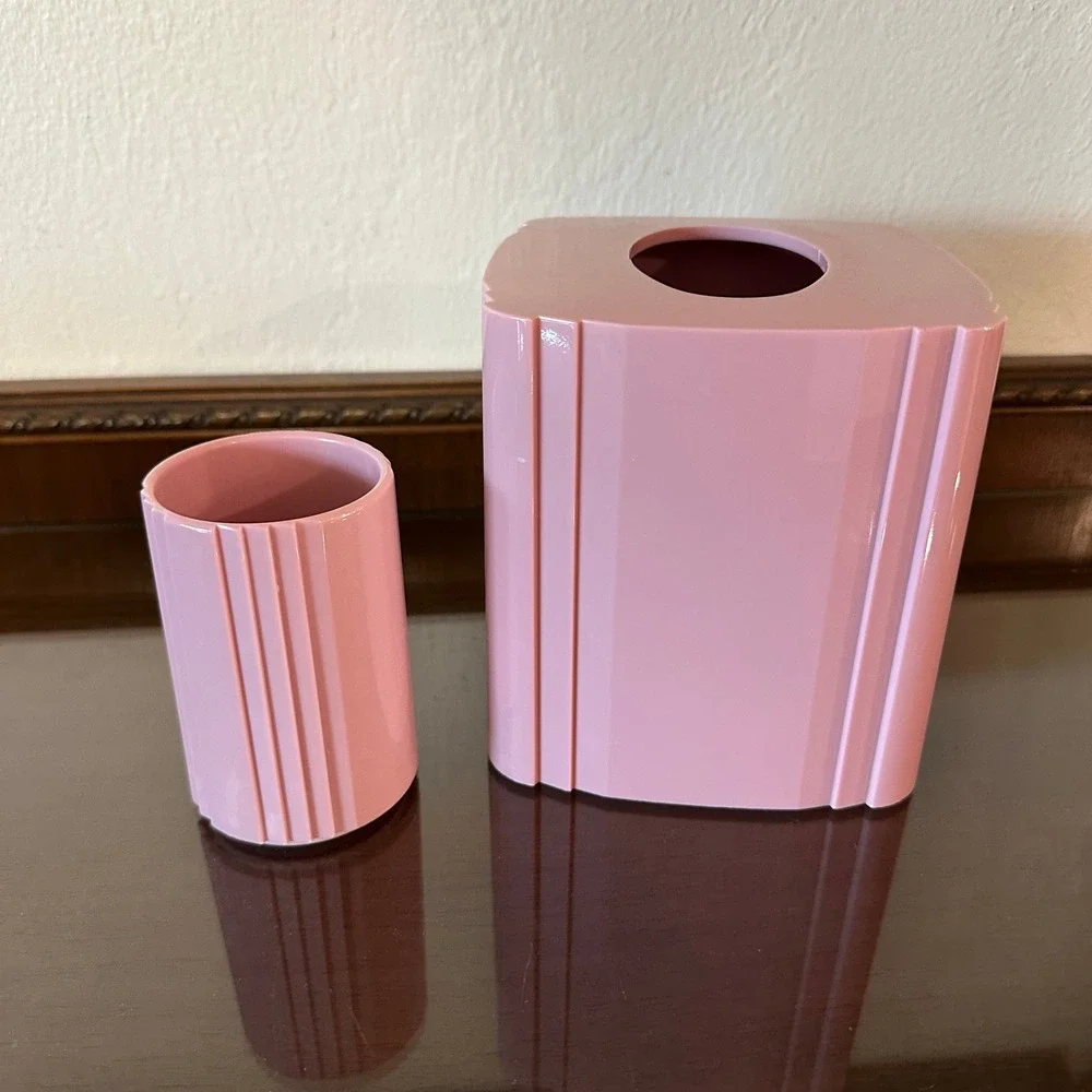 Vintage 80s Pink Plastic Bathroom Set Tissue Box Cover Tumbler Ribbed Art Deco